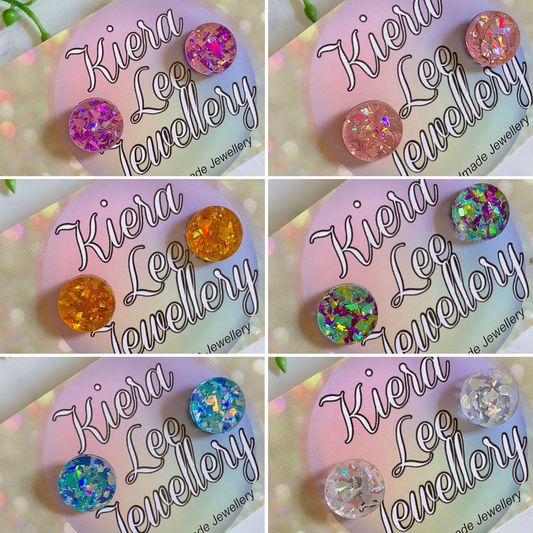 6 pairs of round chunky glitter stud earrings, colours: pink/purple, pink, gold, purple/green, blue/silver, silver holographic