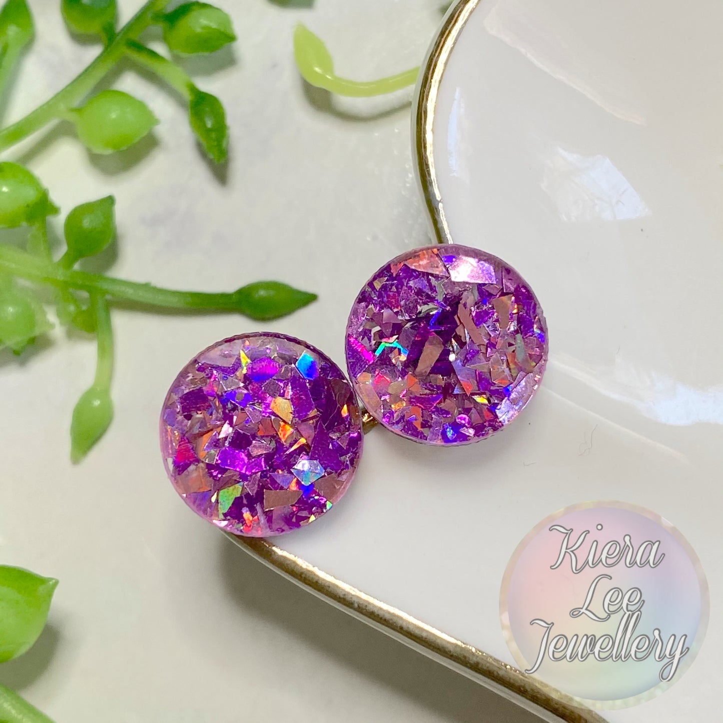 Round acrylic stud earrings, colour: chunky glitter in pink/purple holographic mix