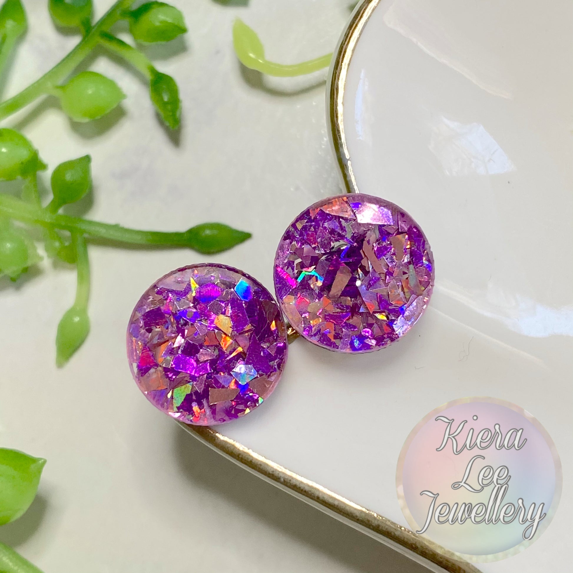 Round acrylic stud earrings, colour: chunky glitter in pink/purple holographic mix