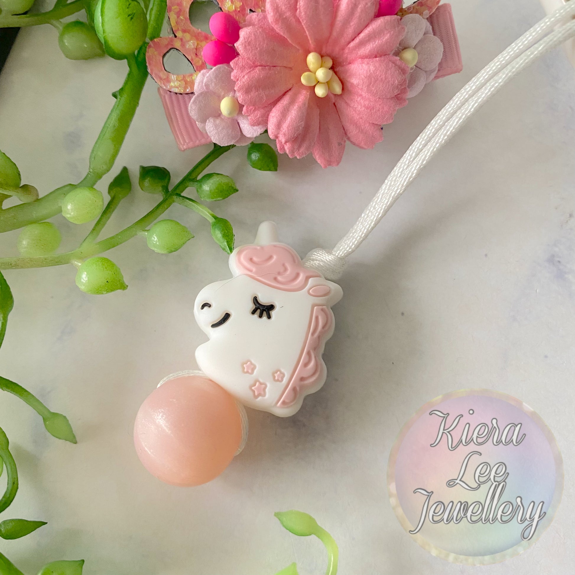 Pink and White sleeping unicorn head kids necklace